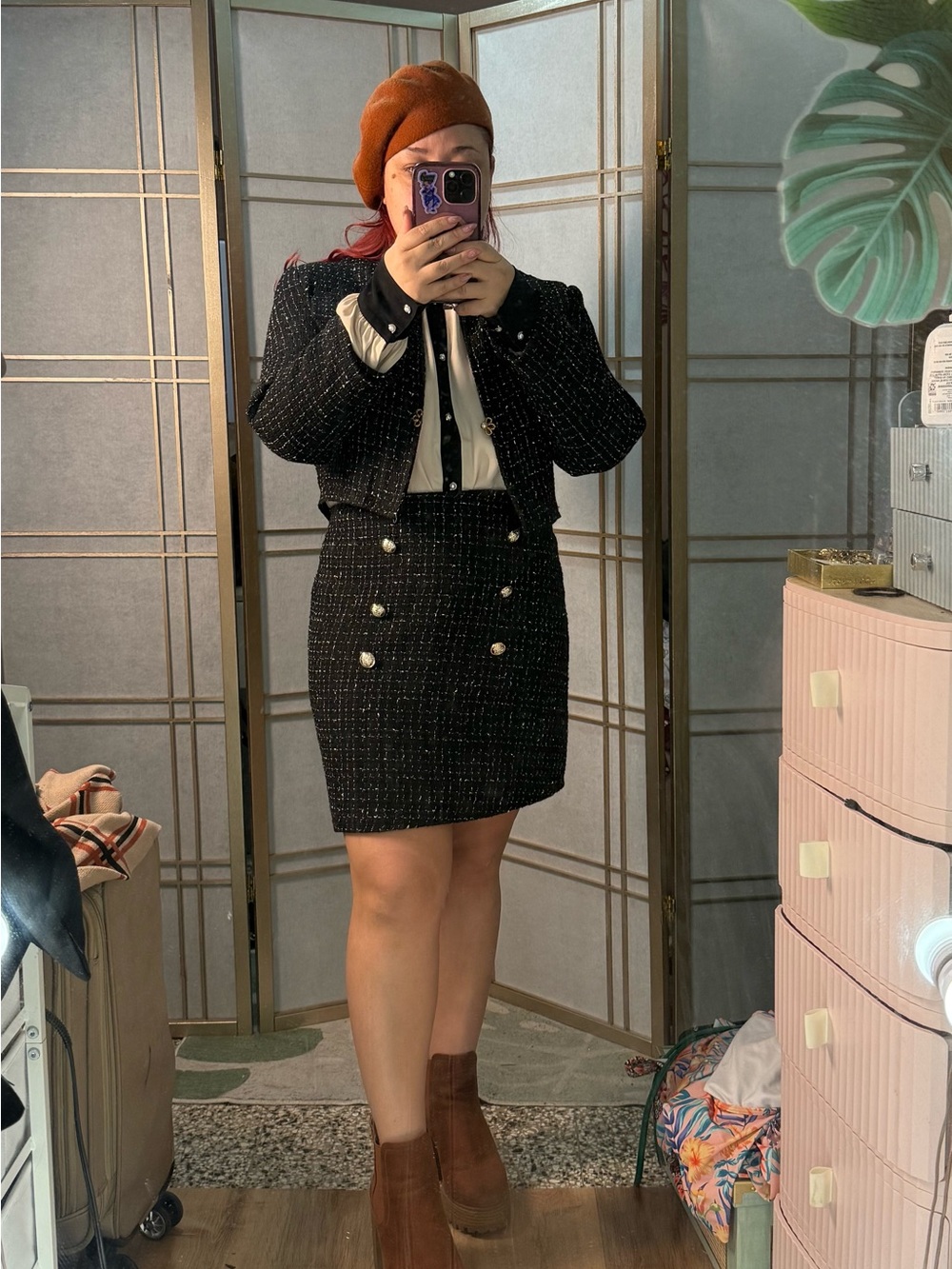Unlisted Black Faux Tweed Double-Breasted Mini Skirt Set with Pearl Buttons